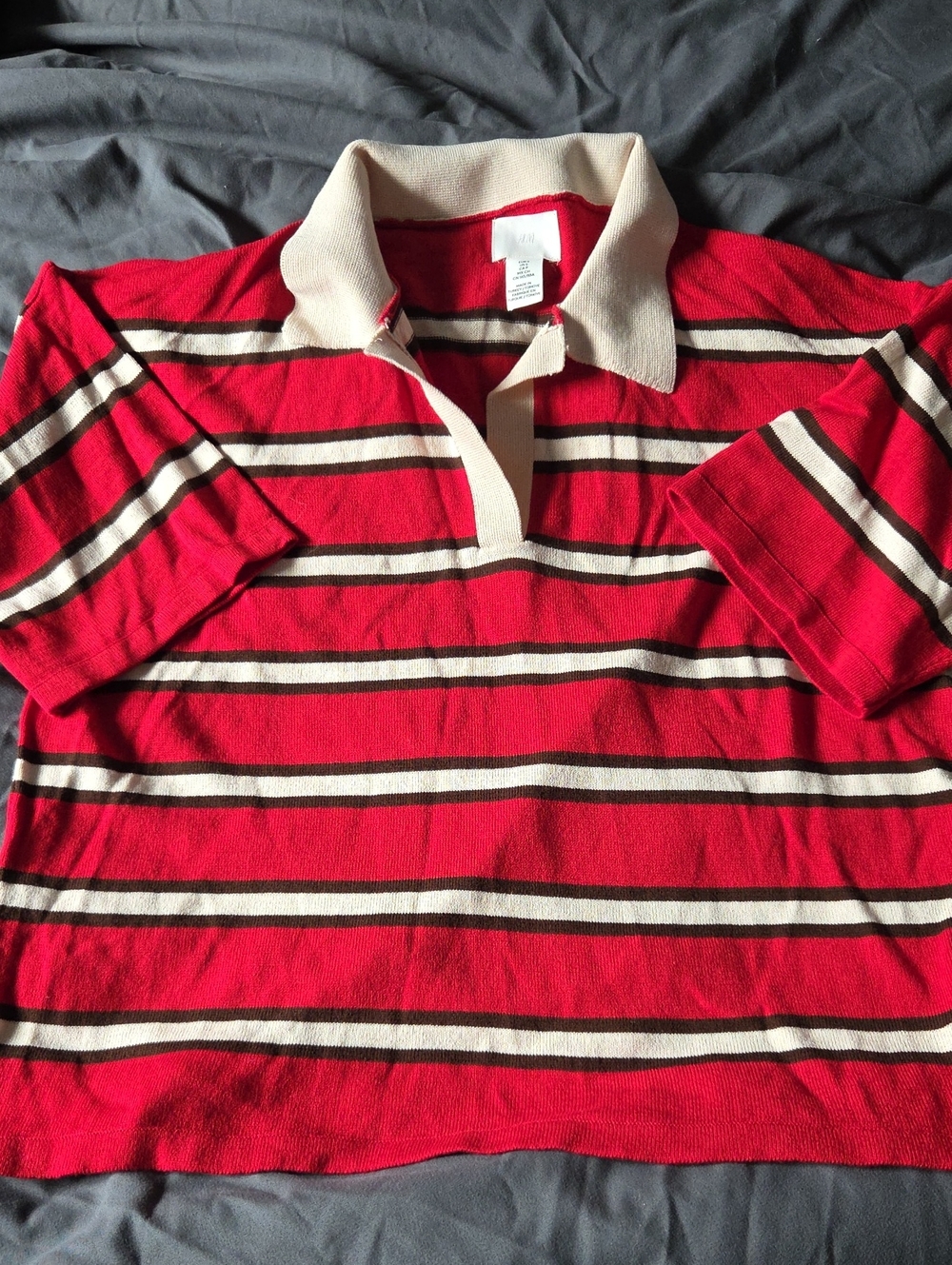 H&M Red, Cream & Black Striped Polo Top